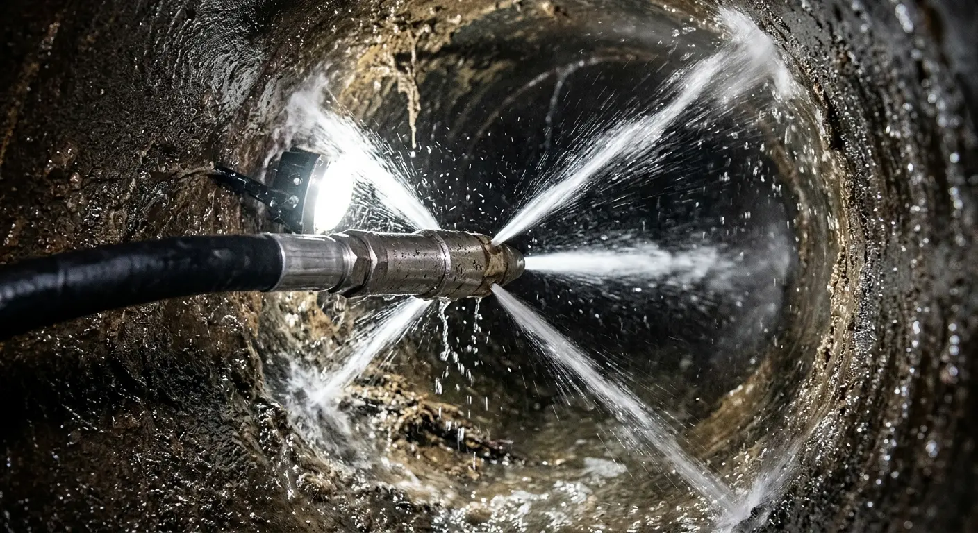 High-pressure hydro jetting nozzle cleaning sewer pipe for Trenchless Sewer Repair in Kenwood