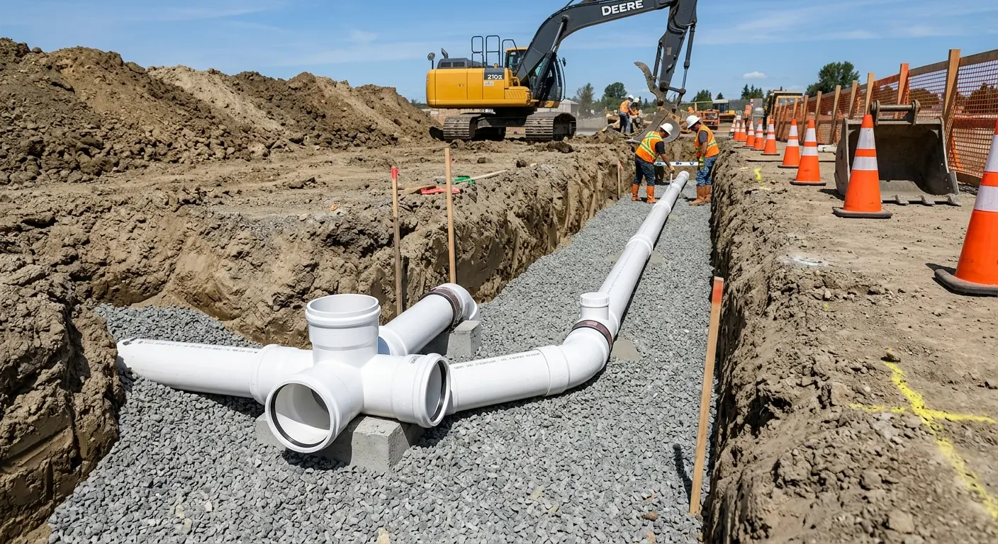 New PVC sewer pipe installation in open trench for Commercial Drain Cleaning in Kenwood