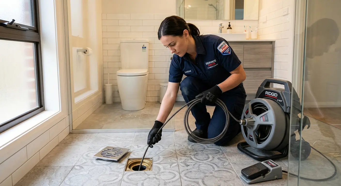 Technician clearing a bathroom floor drain for Clogged Drain Repair in Kenwood